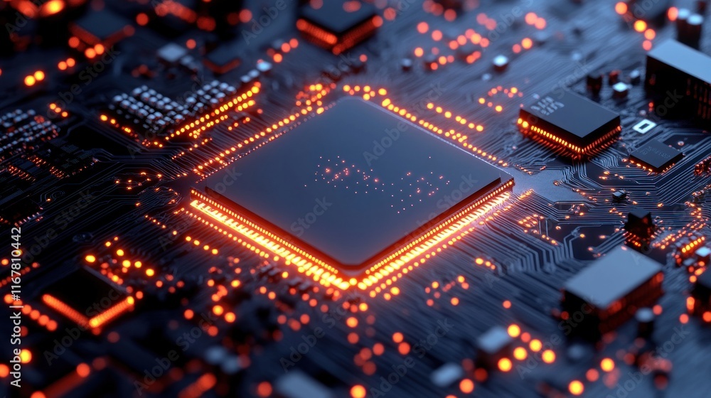 Close-up of a glowing processor chip on a circuit board. Close-up of a glowing processor chip on a circuit board.