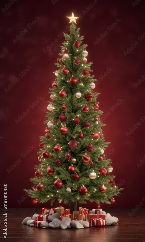 Christmas tree against a dark red background with twinkling lights and ornaments, colorful ornaments, cozy atmosphere, winter wonderland Christmas tree against a dark red background with twinkling lights and ornaments, colorful ornaments, cozy atmosphere, winter wonderland