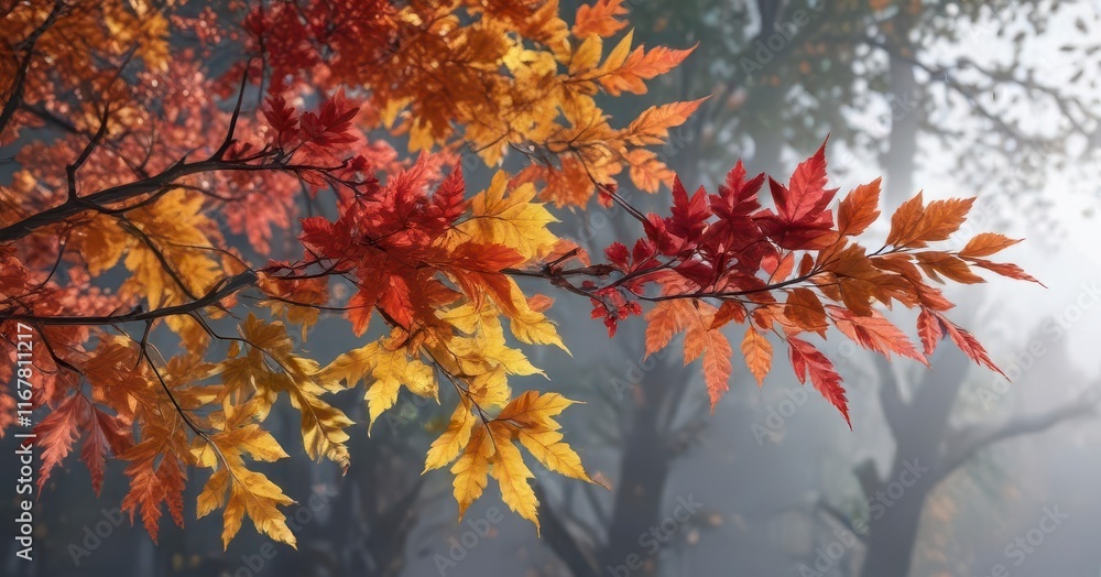 Colorful leaves on a branch, nature's vibrant display, outdoor scenery, fall landscape, warm sunlight Colorful leaves on a branch, nature's vibrant display, outdoor scenery, fall landscape, warm sunlight