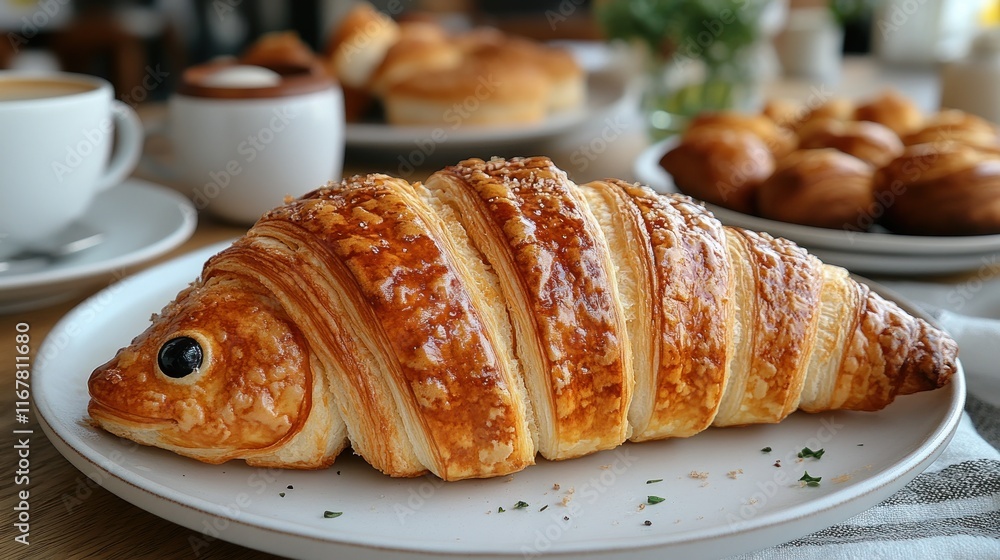 Fish-shaped croissant breakfast cafe table pastries Fish-shaped croissant breakfast cafe table pastries