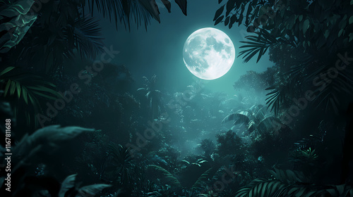 Wallpaper Mural Atmospheric night scene in lush tropical jungle moonlight filtering through dense foliage bioluminescent plants mysterious mist rich dark colors. Moonshade. Illustration Torontodigital.ca