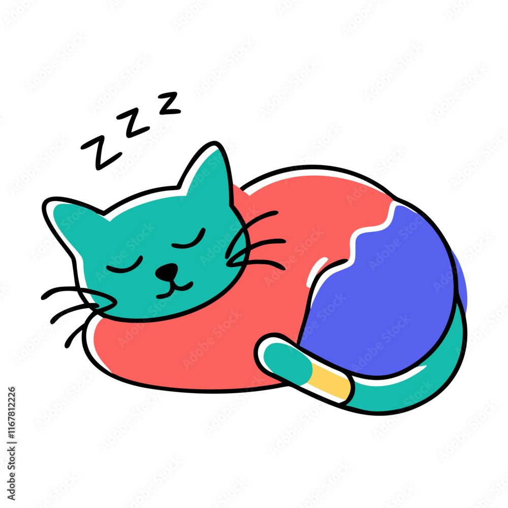 Naklejka premium Cute cartoon cat sleeping peacefully in a colorful curled-up position