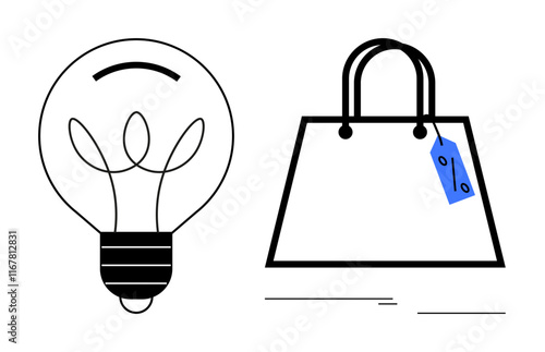 Light bulb symbolizes ideas and innovation, alongside a shopping bag with a price tag, indicating commerce and consumerism. Ideal for business growth, creativity, marketing strategies, innovation