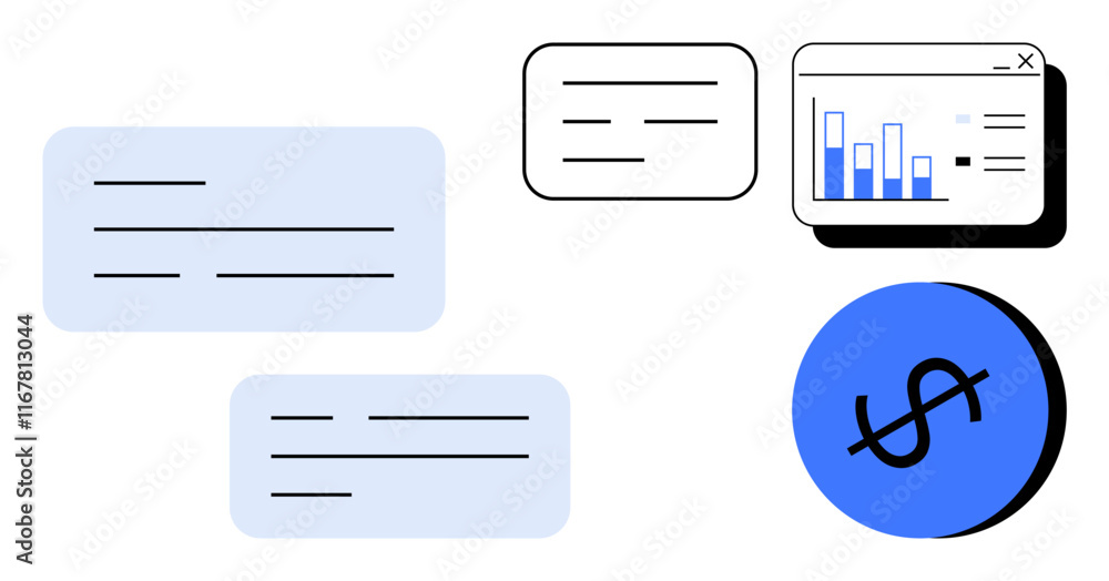 Dialogue boxes, bar graph chart in a window, abstract dollar sign. Ideal for business analytics, financial reports, communication, data visualization, economic analysis, budgeting tools monetary Dialogue boxes, bar graph chart in a window, abstract dollar sign. Ideal for business analytics, financial reports, communication, data visualization, economic analysis, budgeting tools monetary