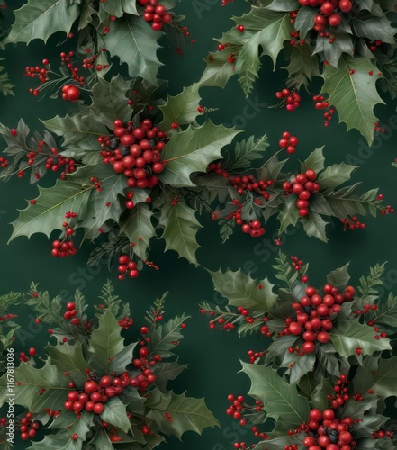 Festive holly pattern on a dark green background with red berries and ornaments ,  festive,  Christmas, Holiday decor