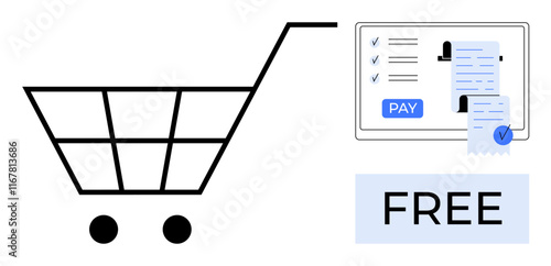 Shopping cart icon and digital receipt with a PAY button and FREE label. Ideal for e-commerce, digital shopping, online payments, digital receipts, purchasing, checkout processes, convenience