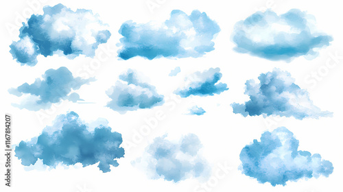Watercolor landscape beautiful watercolor clouds in various shades of blue and white, ideal for backgrounds, designs, or creative projects. Clouded. Illustration