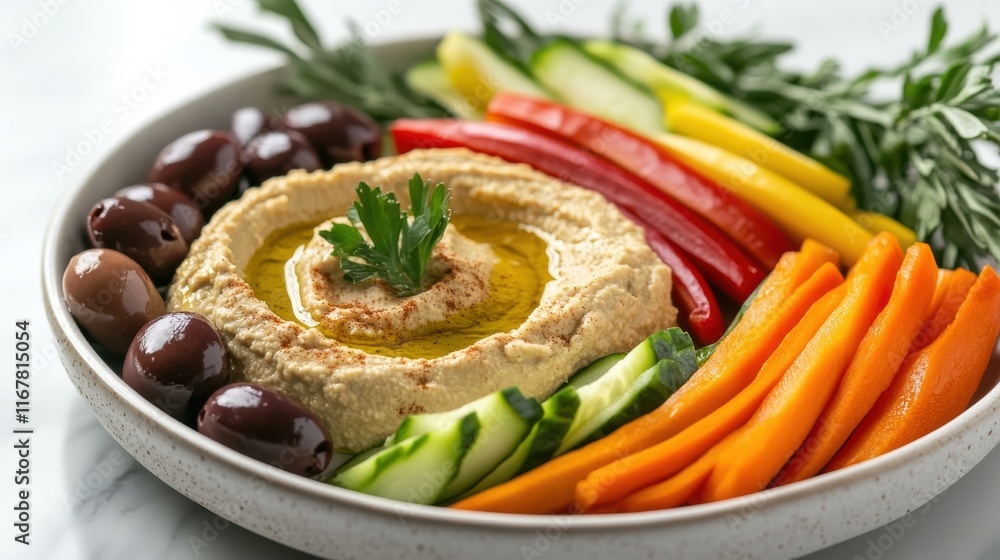 Mediterranean mezze platter with hummus, olives, and vegetables Mediterranean mezze platter with hummus, olives, and vegetables