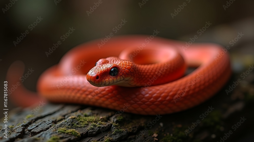 Fototapeta premium Stunning Close-Up of a Vibrant Orange Snake Coiled on a Mossy Log