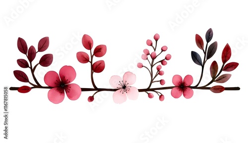 A beautiful illustration of delicate pink and red flowers with leaves, perfect for showcasing nature's beauty. Ideal for seasonal and decorative themes isolated on a white clean background.