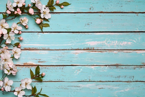 Delicate cherry blossom branches adorned with soft pink flowers contrast beautifully against a rustic blue wooden background, enhancing any spring-themed design.