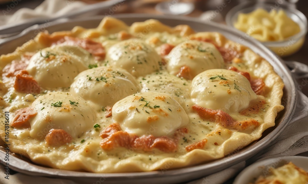 Golden-brown salami and mozzarella-filled ravioli baked in a decadent alfredo sauce and topped with melted parmesan , pasta, ravioli, creamy Golden-brown salami and mozzarella-filled ravioli baked in a decadent alfredo sauce and topped with melted parmesan , pasta, ravioli, creamy