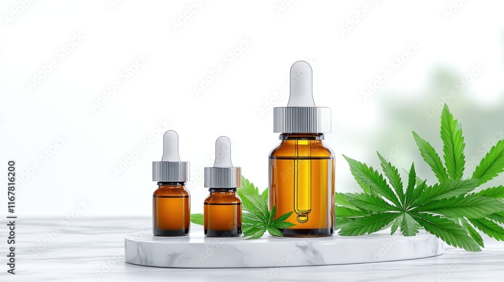 Three amber dropper bottles with cannabis leaves on a marble surface. Three amber dropper bottles with cannabis leaves on a marble surface.