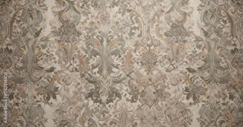 Interlocking geometric shapes in muted colors, forming a damask-like design with organic, hand-painted texture,  textile, damask,  pattern