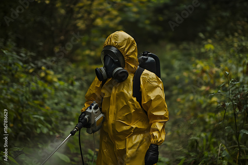 Individual in a hazmat suit using a sprayer, highlighting safety protocols and industrial decontamination efforts photo