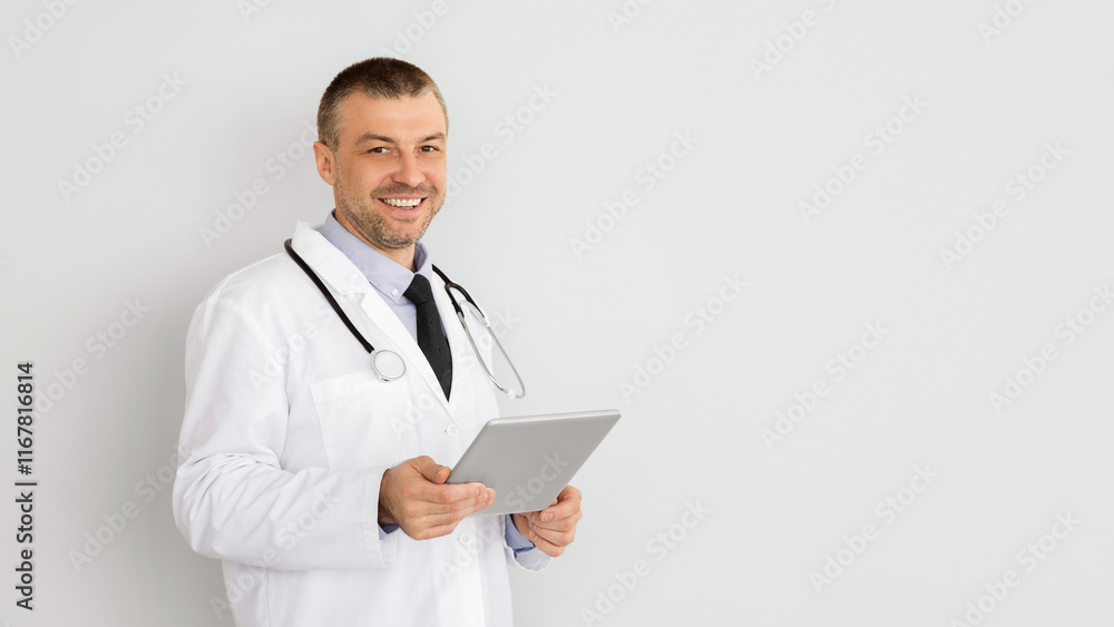 Technology And Gadgets For Patient Examination And Health Care. Smiling adult man doctor in white coat and stethoscope holding digital tablet isolated on gray studio background, isolated, copy space Technology And Gadgets For Patient Examination And Health Care. Smiling adult man doctor in white coat and stethoscope holding digital tablet isolated on gray studio background, isolated, copy space
