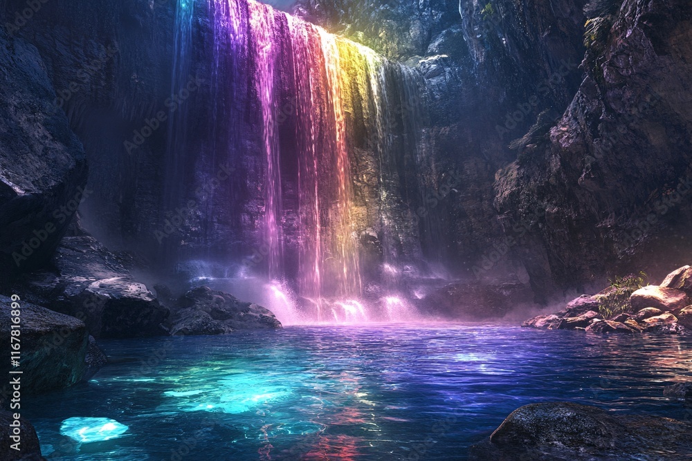 Ethereal Waterfall with Glowing Rocks and Rainbow Hues in a Dreamlike Landscape Ethereal Waterfall with Glowing Rocks and Rainbow Hues in a Dreamlike Landscape