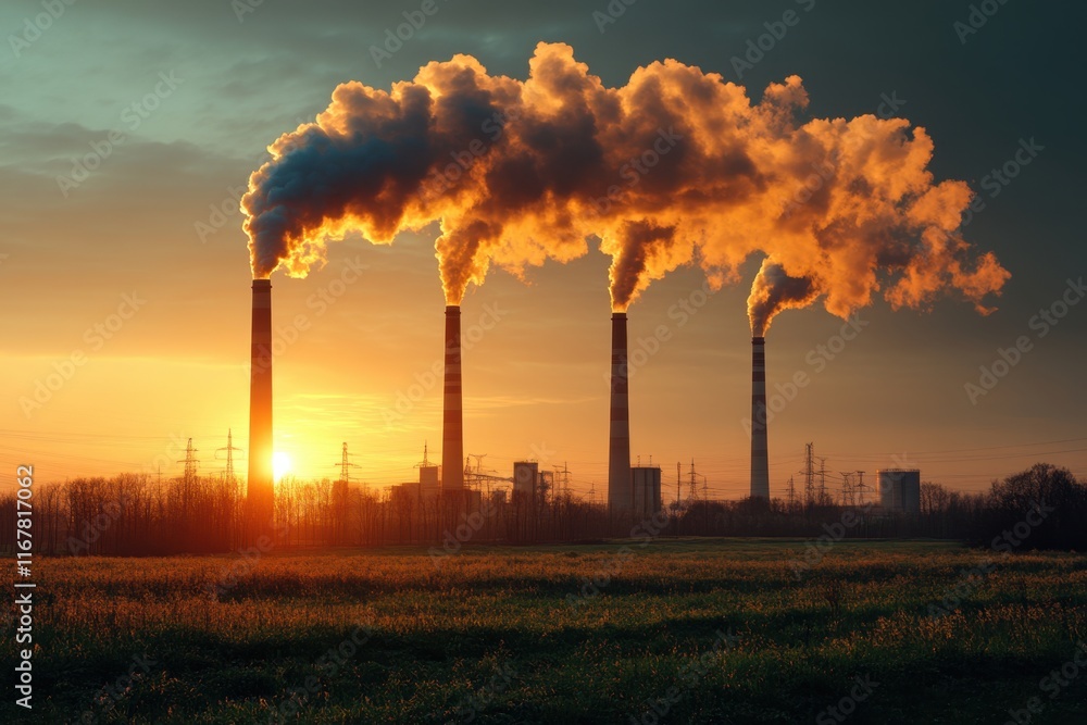 Chimneys emit thick smoke as the sun sets, casting a colorful glow over the industrial area. Generative AI Chimneys emit thick smoke as the sun sets, casting a colorful glow over the industrial area. Generative AI
