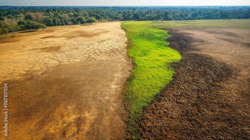 Desertification spreading across a once-green region represents the expanding global issue of land degradation, urging efforts to reverse the effects of overgrazing and deforestation photo