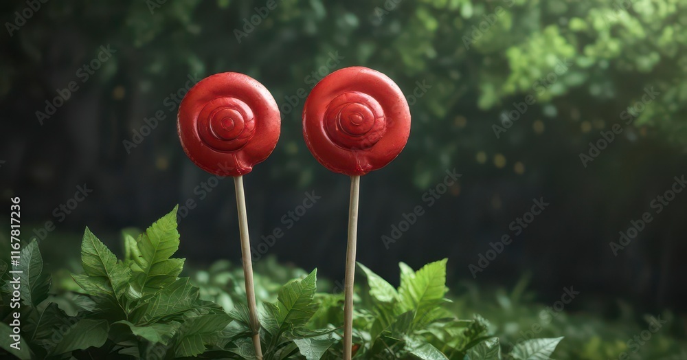 Obraz premium Single Red Lollipop Against Dark Green Leafy Backdrop , dark colors, green leaves, single object