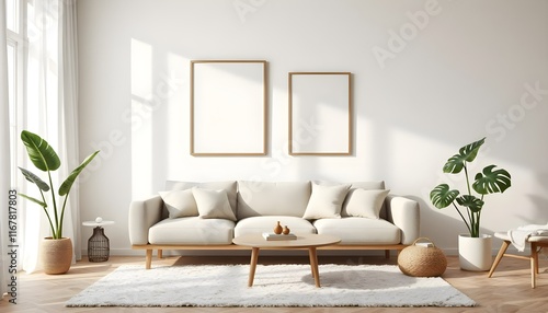 scandinavian living room with frame mockup, light beige sofa, round coffee table, soft rug, potted monstera, sunlight, neutral tones, cozy and minimalist design