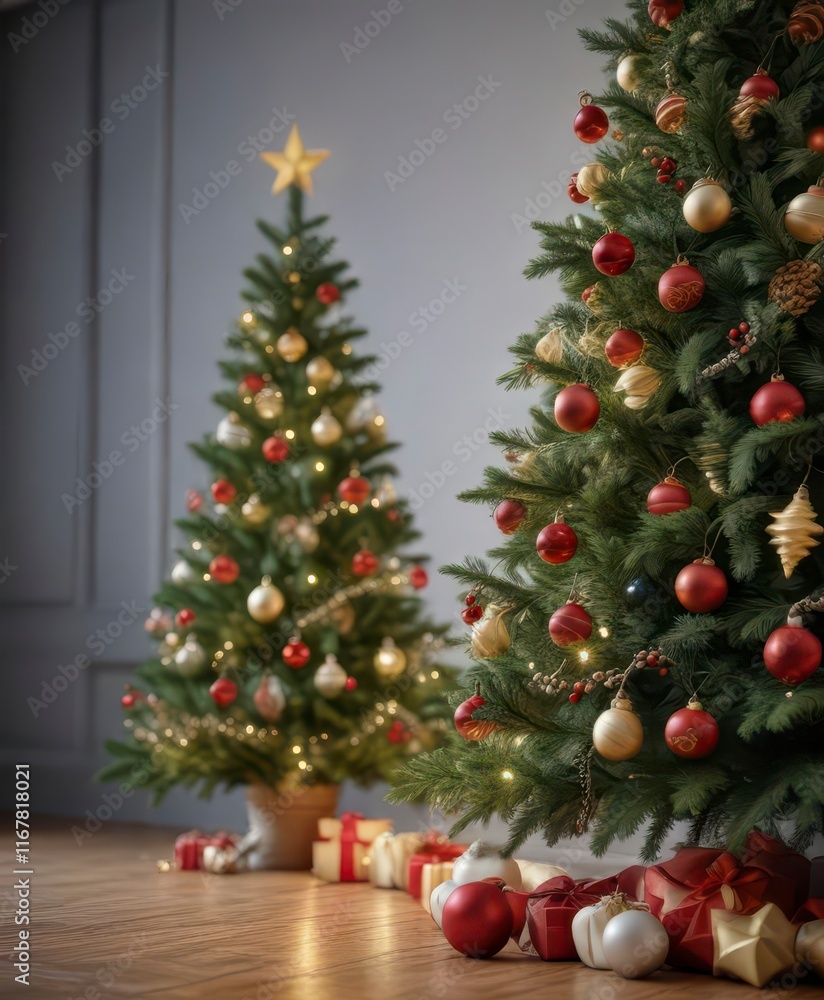 Ornamented Christmas tree branch with greenery and festive decorations, red, evergreen, holiday Ornamented Christmas tree branch with greenery and festive decorations, red, evergreen, holiday