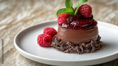 Chocolate mousse with raspberry coulis and mint garnish photo