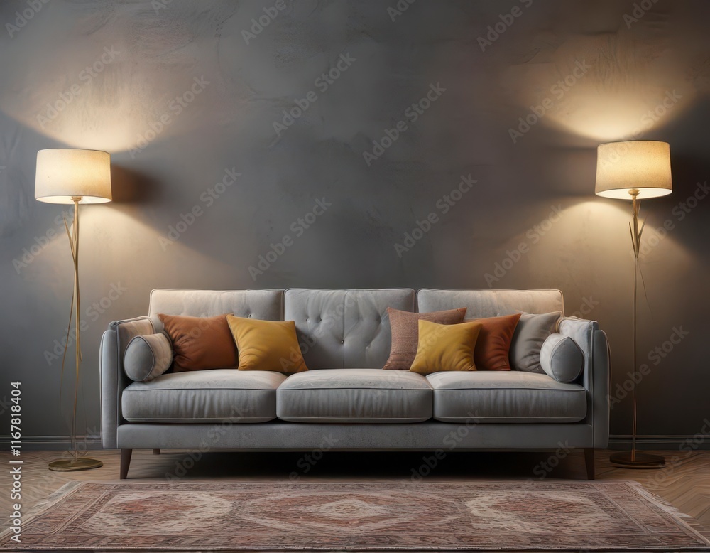 Plush sofa sits in front of grey wall with vintage rug and floor lamps, retro, interior design, cozy Plush sofa sits in front of grey wall with vintage rug and floor lamps, retro, interior design, cozy