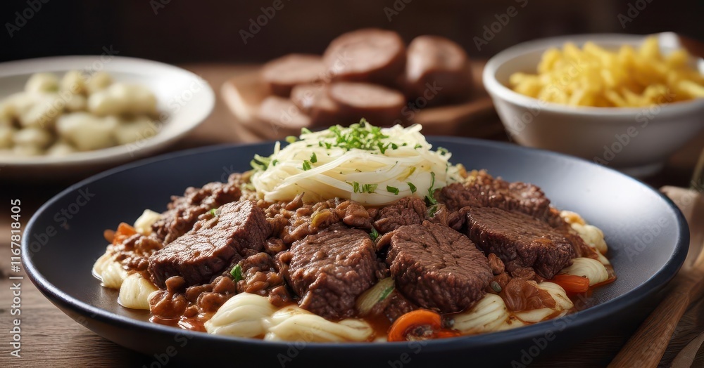 Traditional Maultasche dish featuring tender ground beef and saut?ed onions in a flavorful sauce , pan fried, ground beef, savory sauce Traditional Maultasche dish featuring tender ground beef and saut?ed onions in a flavorful sauce , pan fried, ground beef, savory sauce