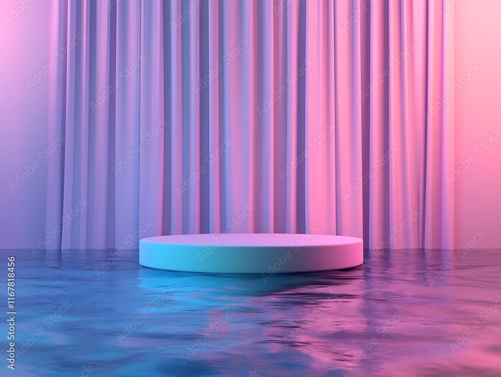3D render, abstract platform podium on water and waving curtains Realistic pastel mock-up for products promotion 3D render, abstract platform podium on water and waving curtains Realistic pastel mock-up for products promotion
