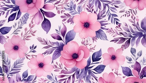 Pink and purple watercolor pattern with floral elements,  design element,  watercolor,  vector