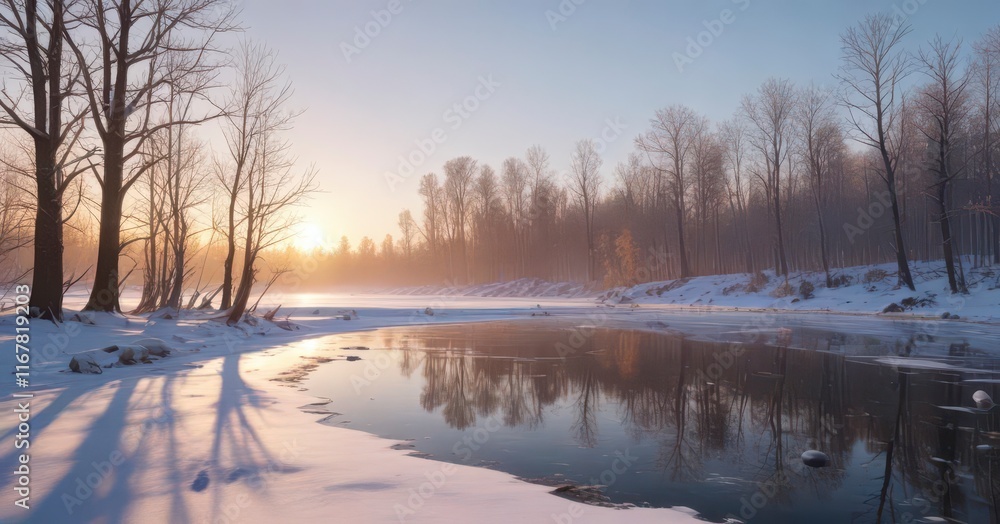 Snowy forest with bare trees and frozen lake at sunrise, cold, lake, sunrise Snowy forest with bare trees and frozen lake at sunrise, cold, lake, sunrise