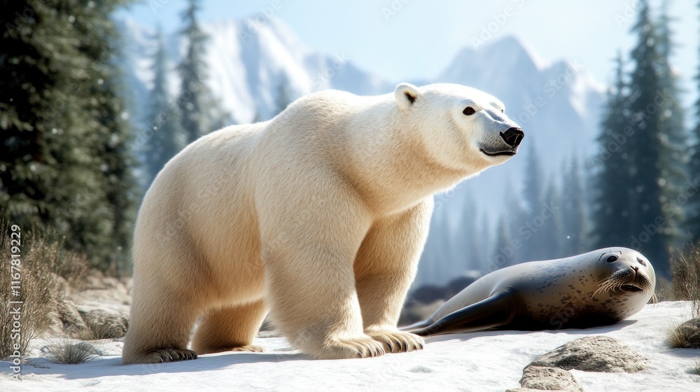 A polar bear stands near a seal in a snowy landscape. A polar bear stands near a seal in a snowy landscape.