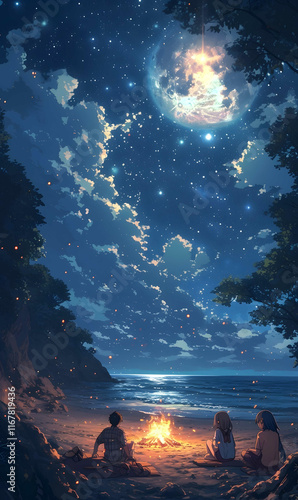 A nocturnal beach scene where the moon casts a silver path across the ocean anime characters gather around a bonfire sharing stories and music the peacefu photo