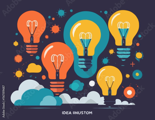 Bright concept of idea, inspiration, creativity, solutions for business or startups. Creative mind, brainstorm, creative idea concept. Vector illustration for web, banner, flyer, social media.