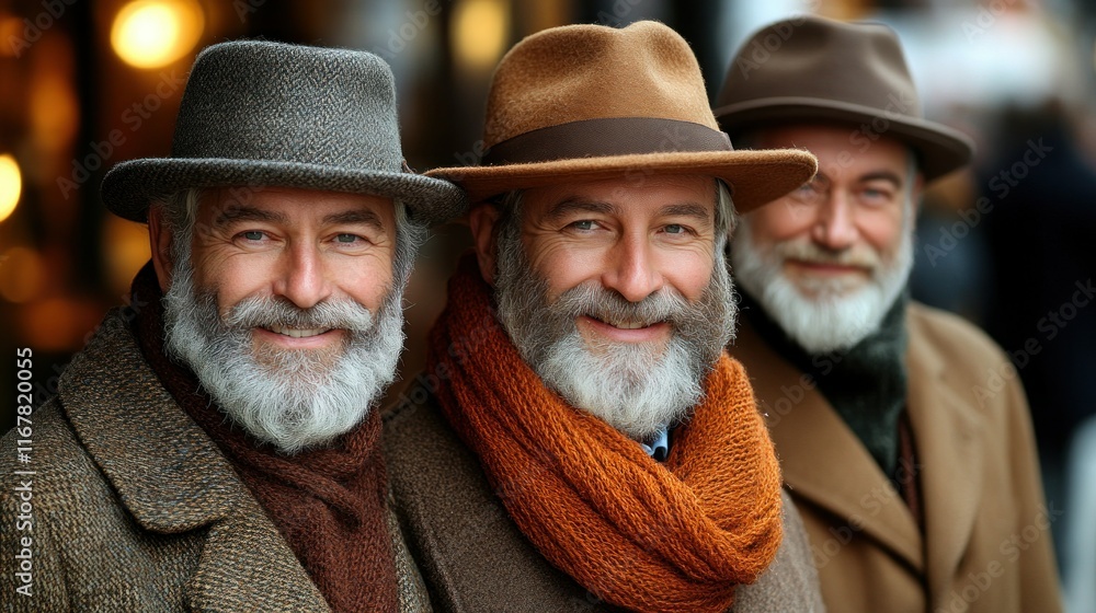 Three smiling men with beards in winter attire outdoors.