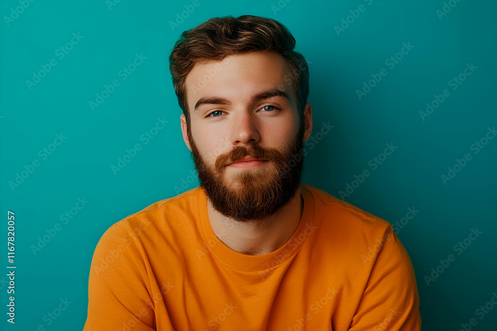 Relaxed individual with a beard and orange shirt seated against a teal background, conveying calmness and warmth Relaxed individual with a beard and orange shirt seated against a teal background, conveying calmness and warmth