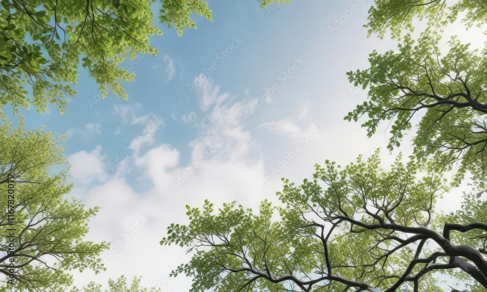 Fototapeta premium Tree branches stretching towards sky with lush green leaves against snowy white background, tree branches, forest, leafy