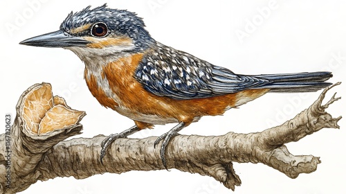 Vintage hand-colored illustration of a frozen river with a kingfisher