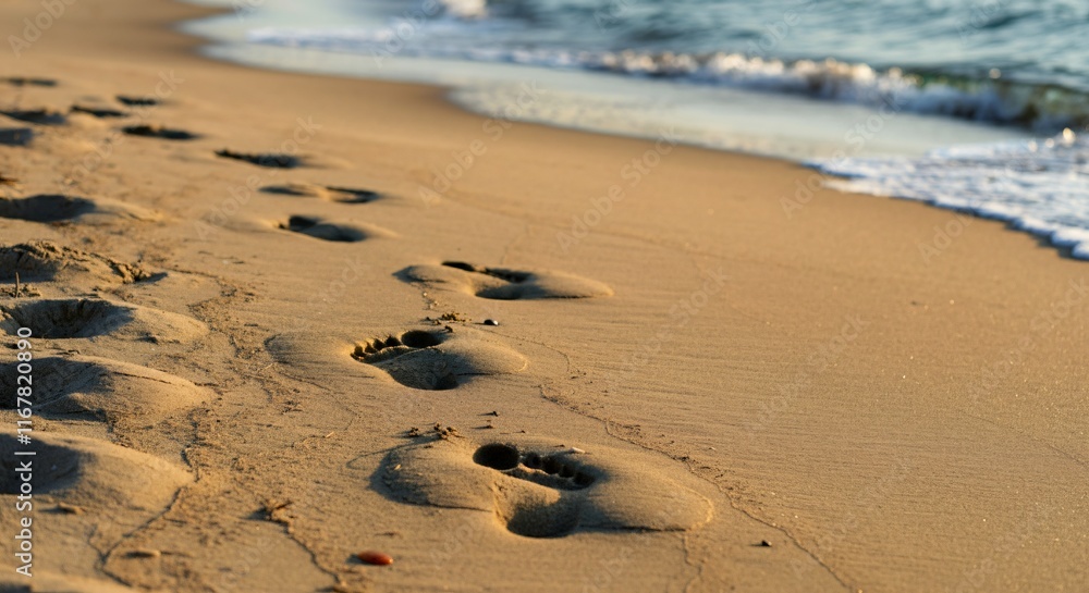 A serene beach scene with footprints in the sand leading to the calm waves A serene beach scene with footprints in the sand leading to the calm waves