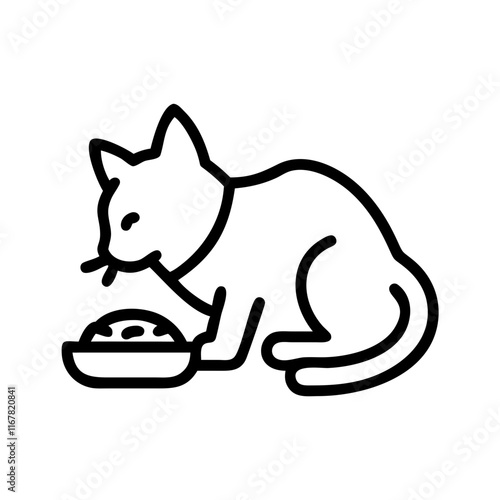 Simple line drawing of a cat eating from a bowl