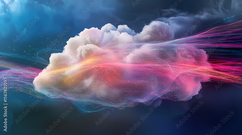 Fototapeta premium Futuristic cloud computing concept with digital data transmission. abstract technology background with clouds and light trails. Clouded. Illustration