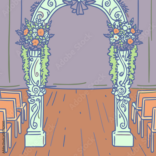 Charming wedding arch decorated with flowers in a wedding venue