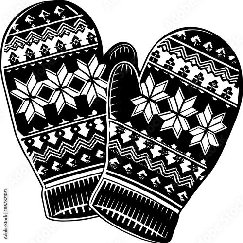 Stylish black and white winter mittens with traditional patterns and snowflakes