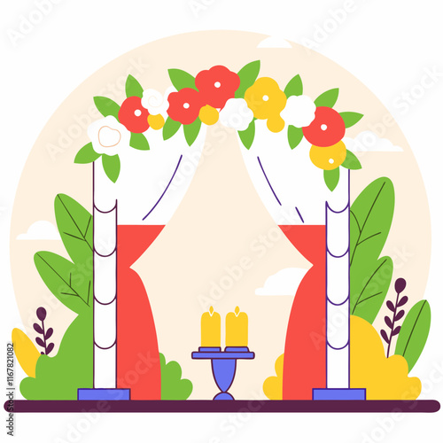 charming illustration of a wedding altar adorned with flowers and candles