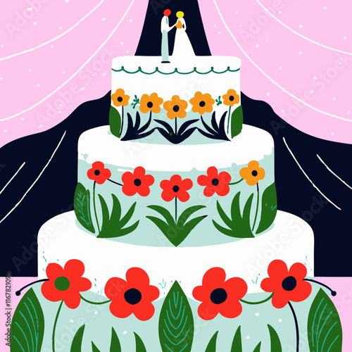 whimsical illustration of a wedding cake decorated with flowers and a bride and groom figurine on top