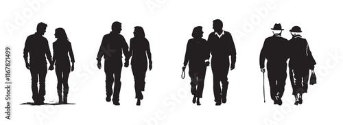 A loving couple is holding hands and walking together. Relationtips and loyality concept. Silhouette cut-out illustration
