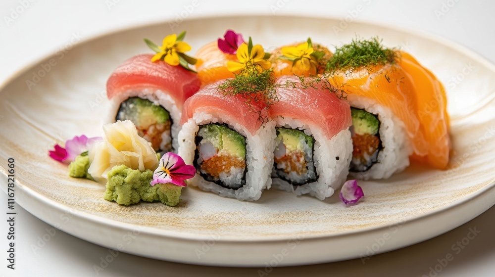 Sushi with wasabi, pickled ginger, and flower petals on white plate Sushi with wasabi, pickled ginger, and flower petals on white plate