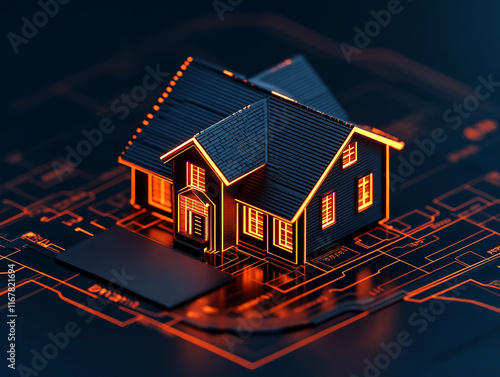 A glowing model house sits on a digital blueprint, symbolizing the fusion of technology and modern architecture.