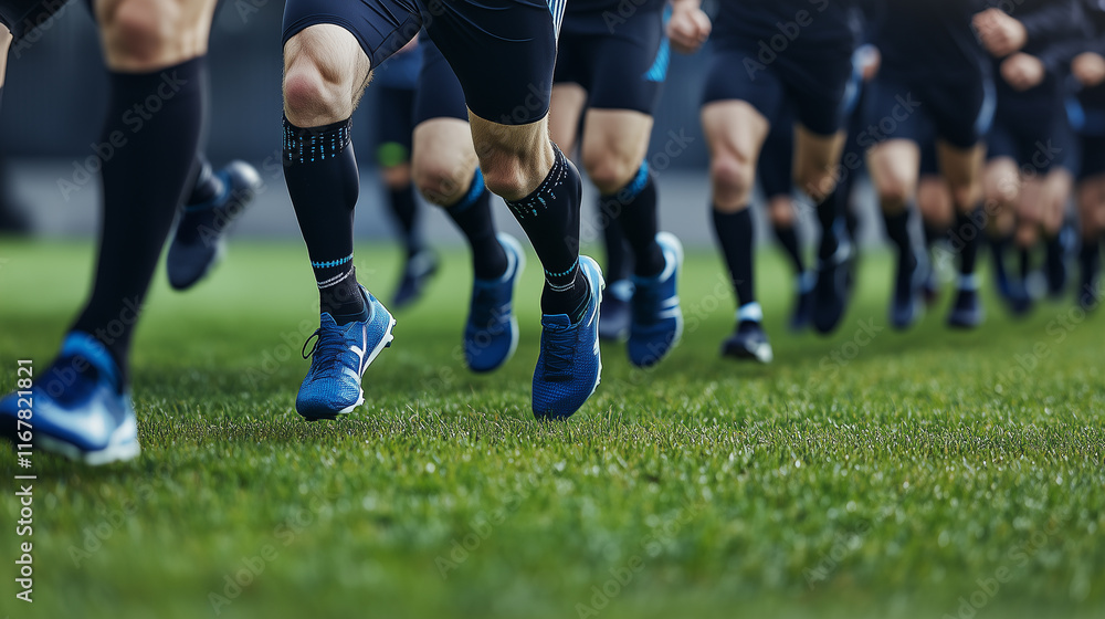Group of Runners Sprinting on Grass in Stadium Environment Under Bright Daylight Group of Runners Sprinting on Grass in Stadium Environment Under Bright Daylight